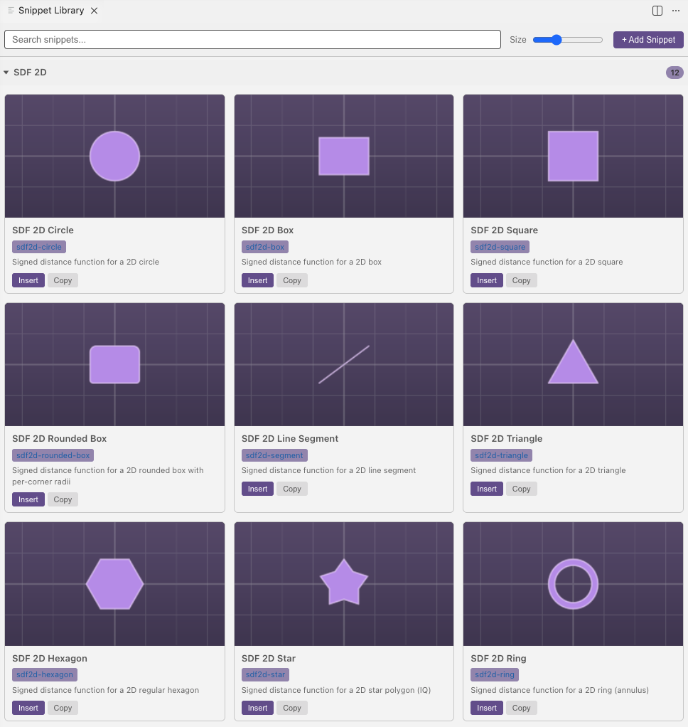 Snippet library panel